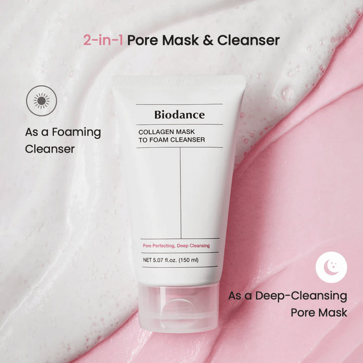 Obrázok Biodance Collagen Mask to Foam Cleanser umiestnený na ružovej a bielej čistiacej textúre. Produkt je opísaný ako 2-v-1 maska na čistenie pórov a penivý čistič.