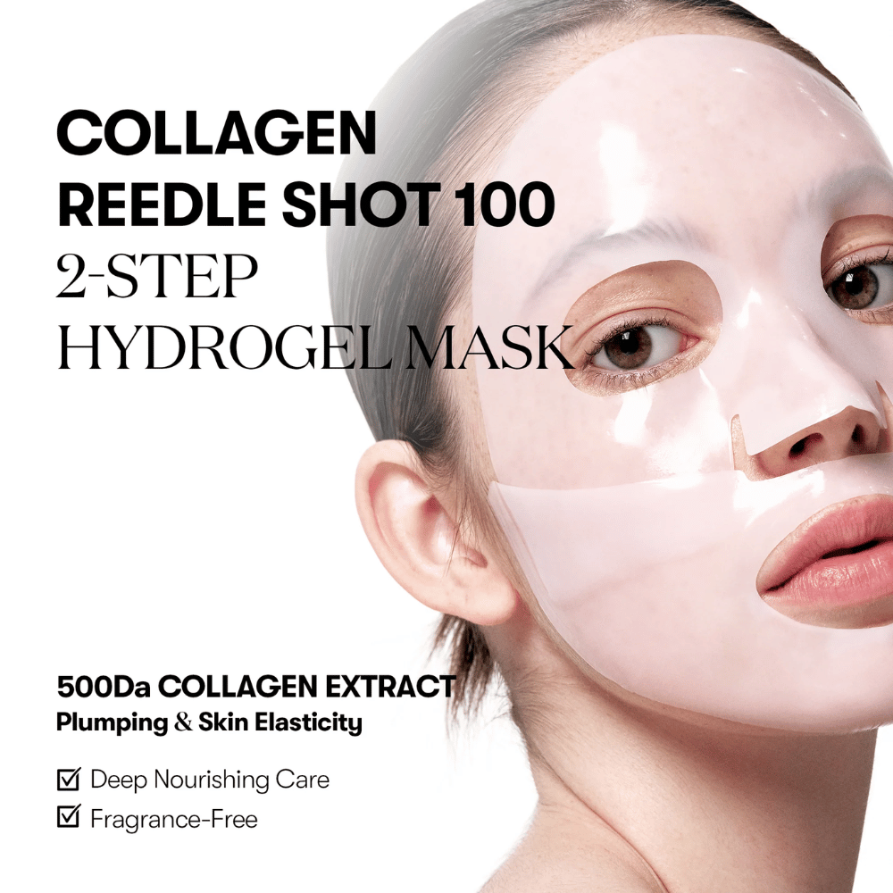 Detailný záber na ženu, ktorá nosí transparentnú 2-krokovú hydrogelovú masku. Text na obrázku propaguje "Collagen Reedle Shot 100" s 500Da kolagénovým extraktom pre elasticitu pokožky, a že produkt je bez vône a poskytuje hlbokú výživu.