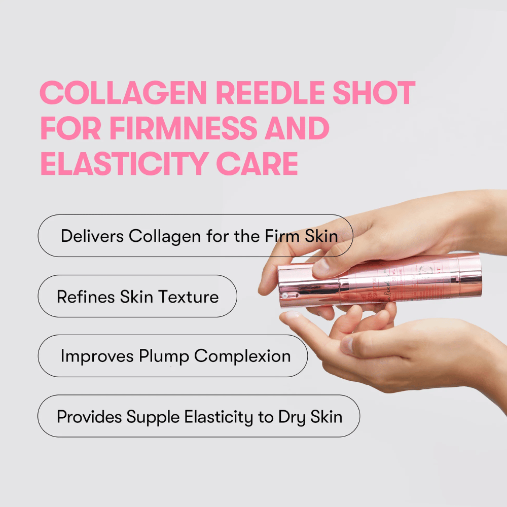 Osoba drží VT Collagen Reedle Shot 100. Sérum posilňuje pevnosť pokožky, zlepšuje textúru a poskytuje plnú elasticitu.