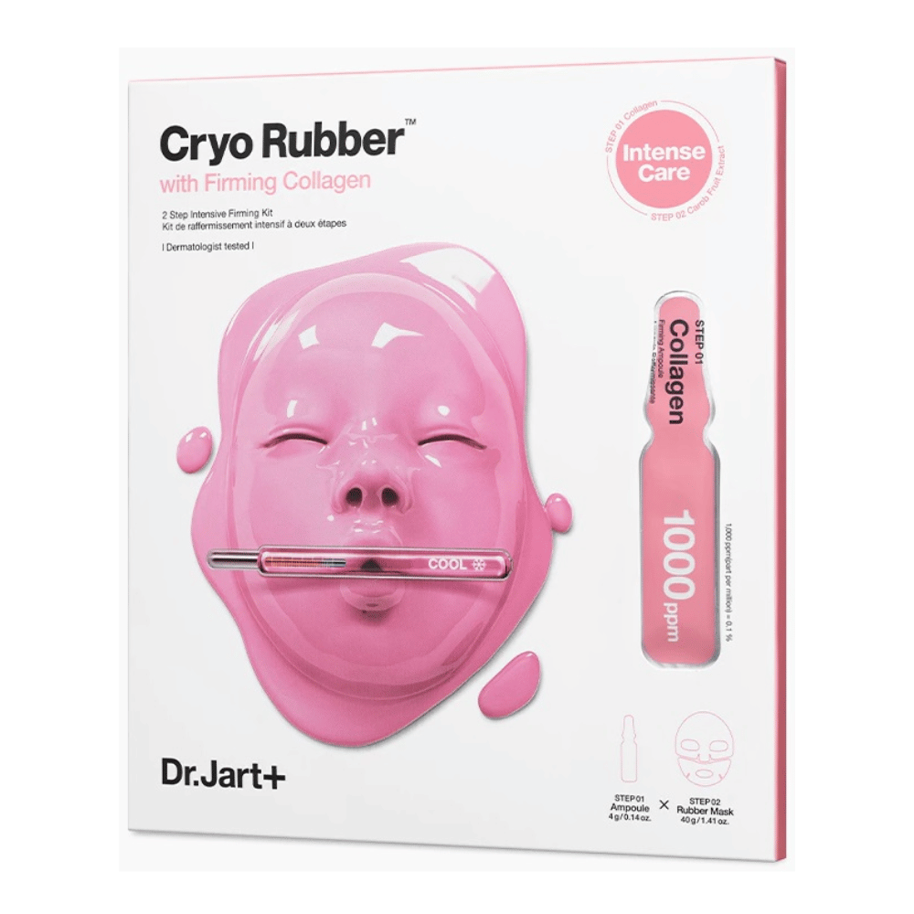Obrázok produktu Dr.Jart+'s Cryo Rubber™ s kolagénom na spevnenie, zobrazuje ružovú pleťovú masku a popis obsahu.