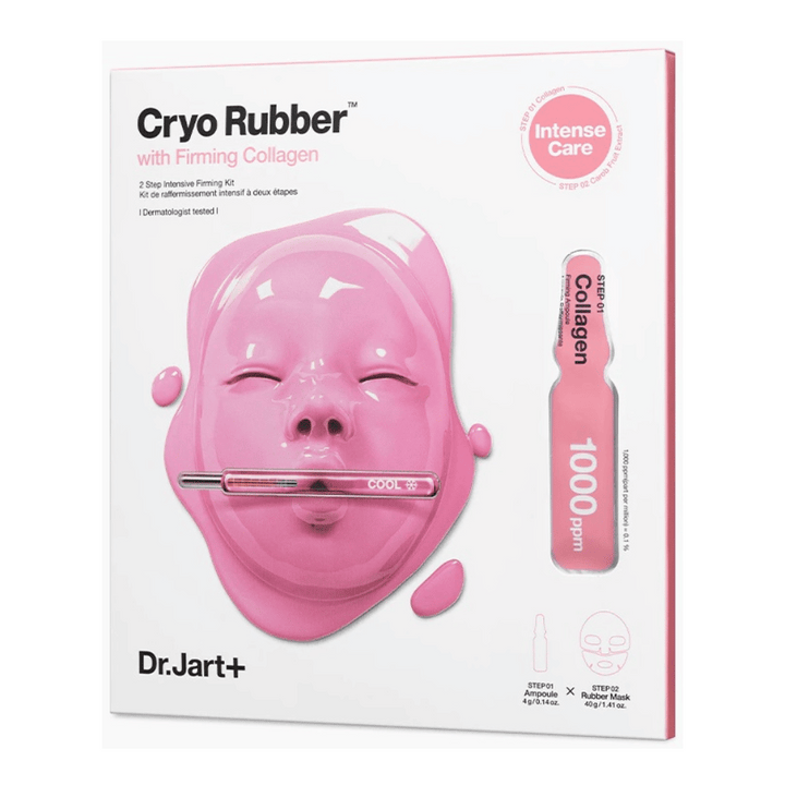 Obrázok produktu Dr.Jart+'s Cryo Rubber™ s kolagénom na spevnenie, zobrazuje ružovú pleťovú masku a popis obsahu.