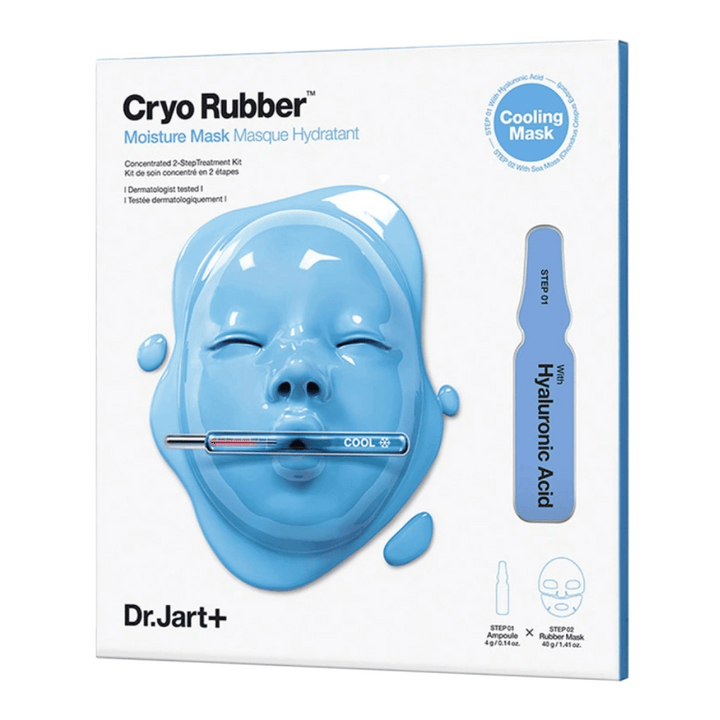 Balenie Dr.Jart+ Cryo Rubber Moisture Mask s modrou maskou v tvare tváre a ampulkou s kyselinou hyalurónovou, označené ako "Chladiaca maska" a návod na použitie krok za krokom.