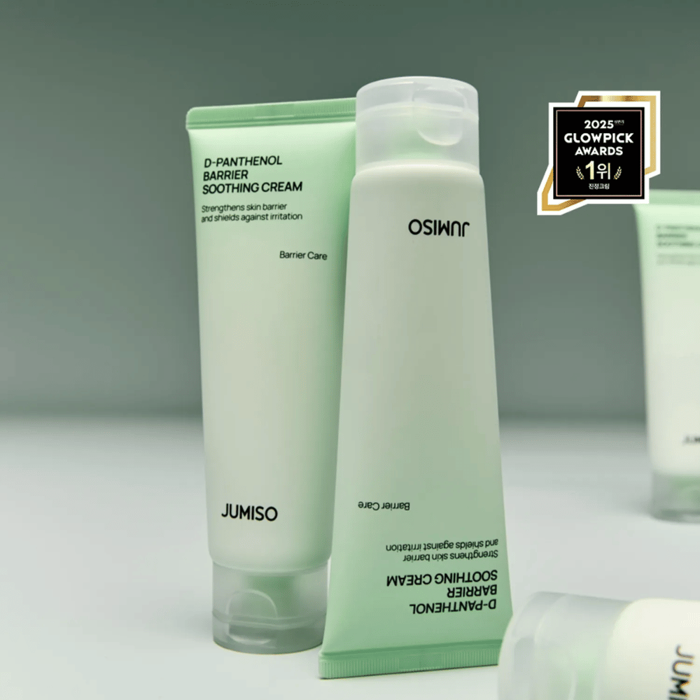 Jumiso D-Panthenol Barrier Soothing Cream v tube s uzáverom, fotografované z boku s logom Glowpick Awards 2025.