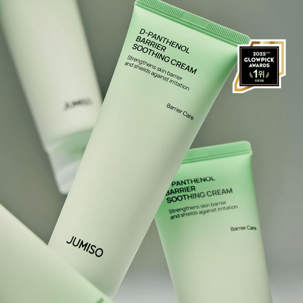 Detailný záber na Jumiso D-Panthenol Barrier Soothing Cream v zelenej tube, víťaz Glowpick Awards 2025.