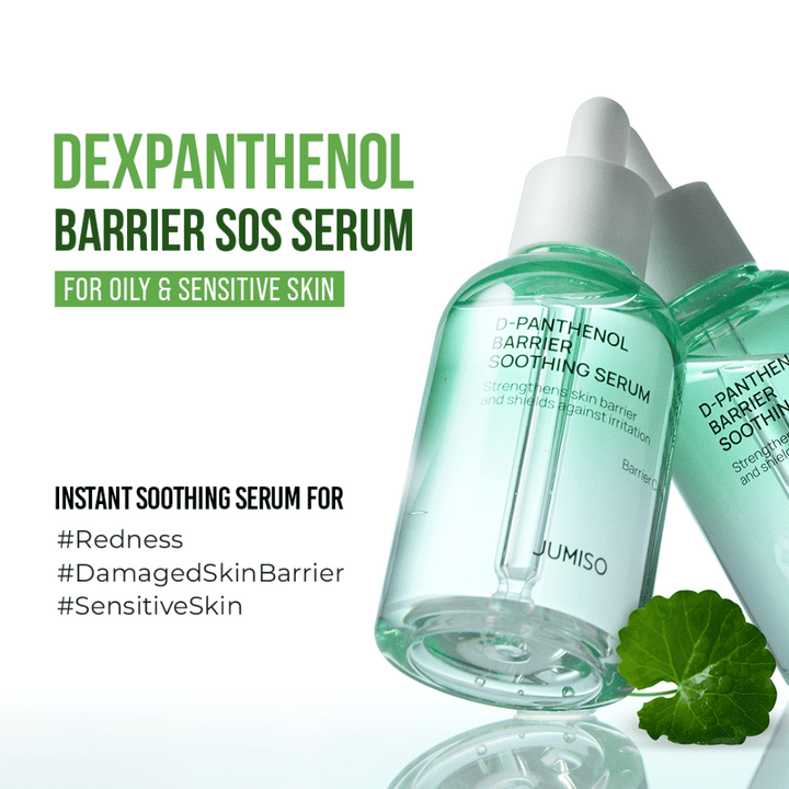 Produktový obrázok Jumiso D-Panthenol Barrier Soothing Serum s textom o SOS účinku pre citlivú pleť, začervenanie a poškodenú kožnú bariéru.