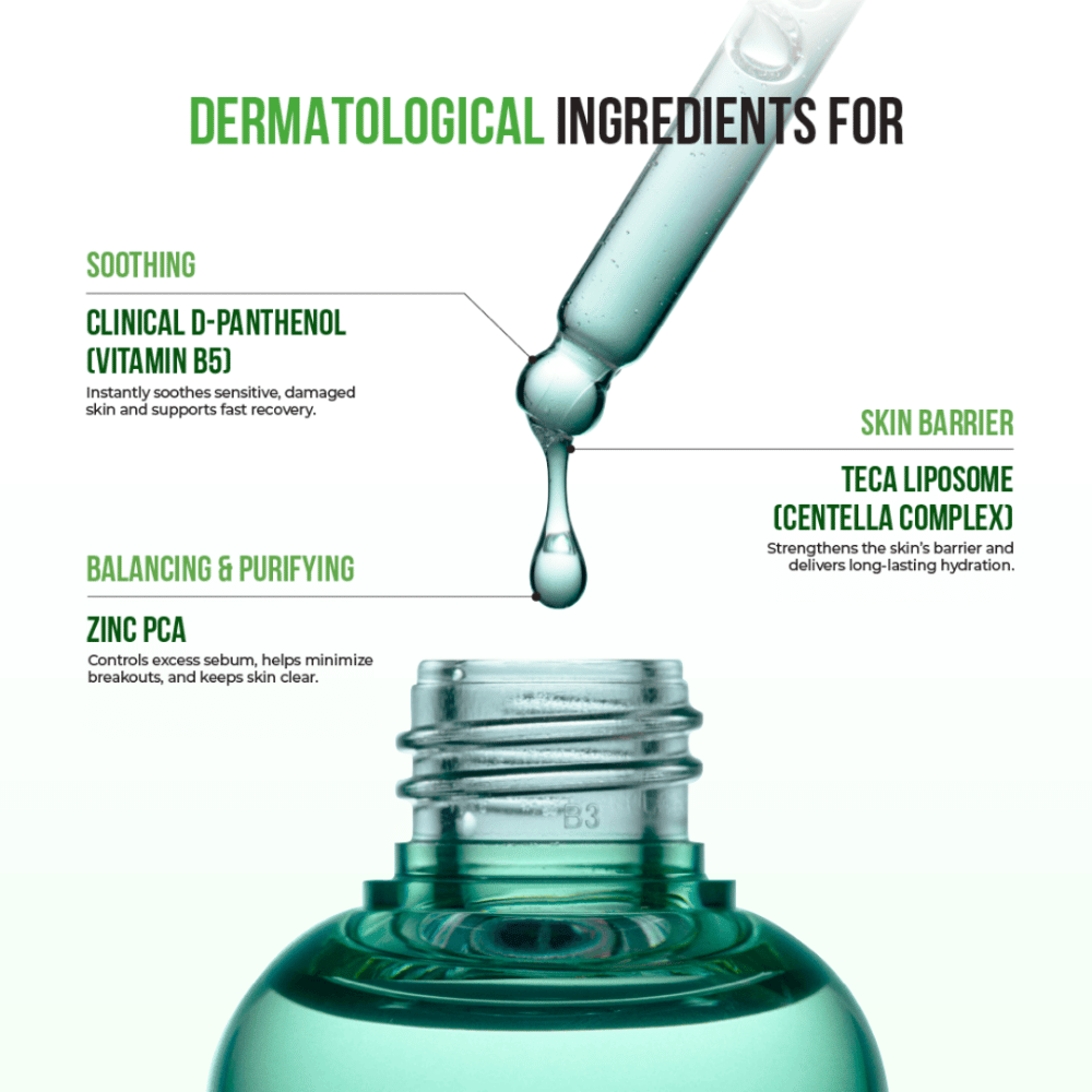 Detailný záber na pipetu s kvapkajúcim sérom, označené zložky ako D-Panthenol, Zinc PCA a Centella Complex pre kožnú bariéru a hydratáciu.