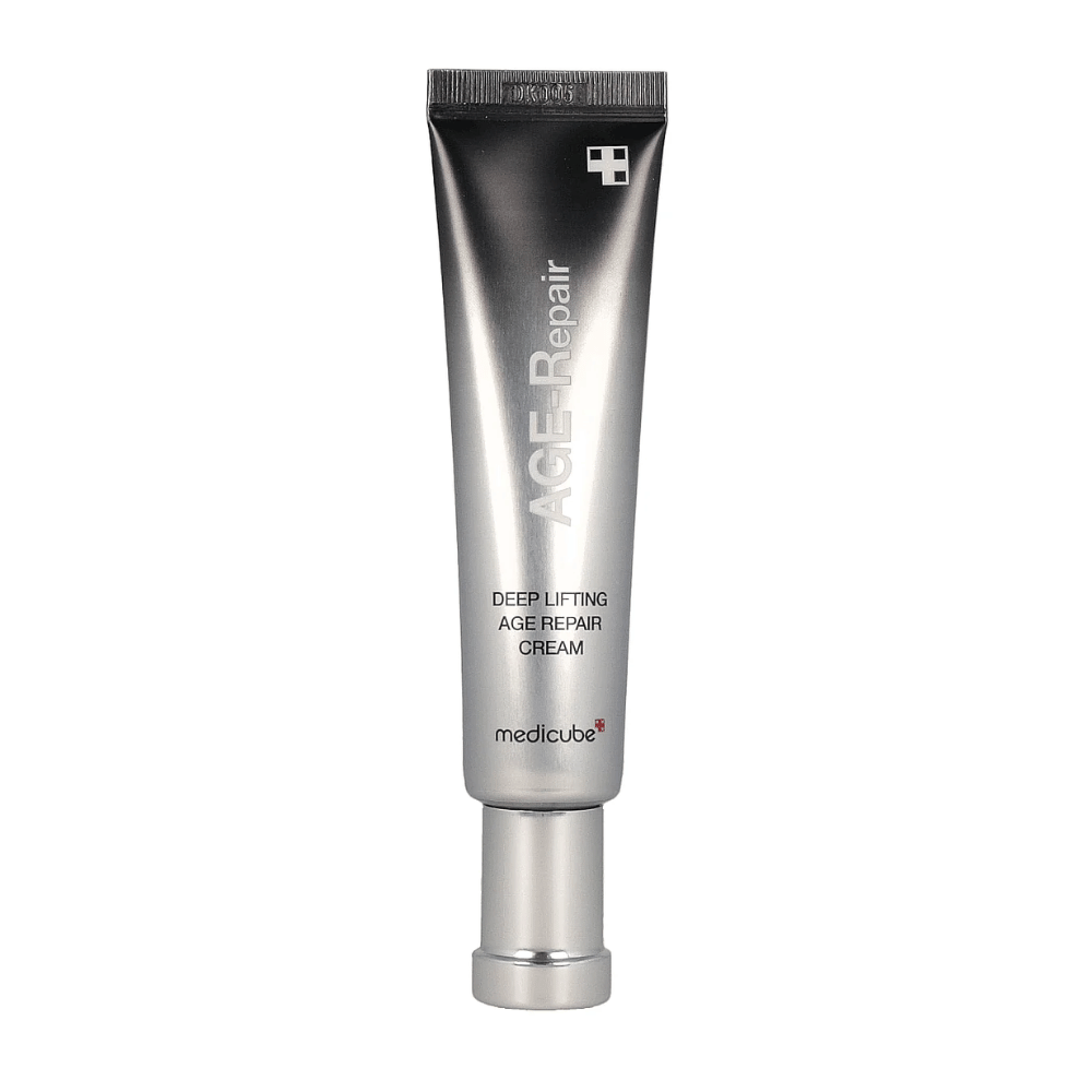 Obrázok produktu Medicube Deep Lifting Age Repair Cream v striebornej tube na bielom pozadí.