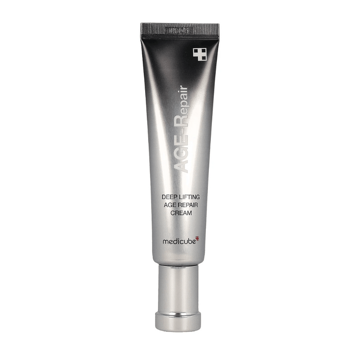 Obrázok produktu Medicube Deep Lifting Age Repair Cream v striebornej tube na bielom pozadí.