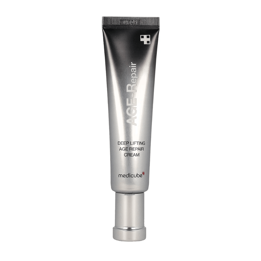 Obrázok produktu Medicube Deep Lifting Age Repair Cream v striebornej tube na bielom pozadí.