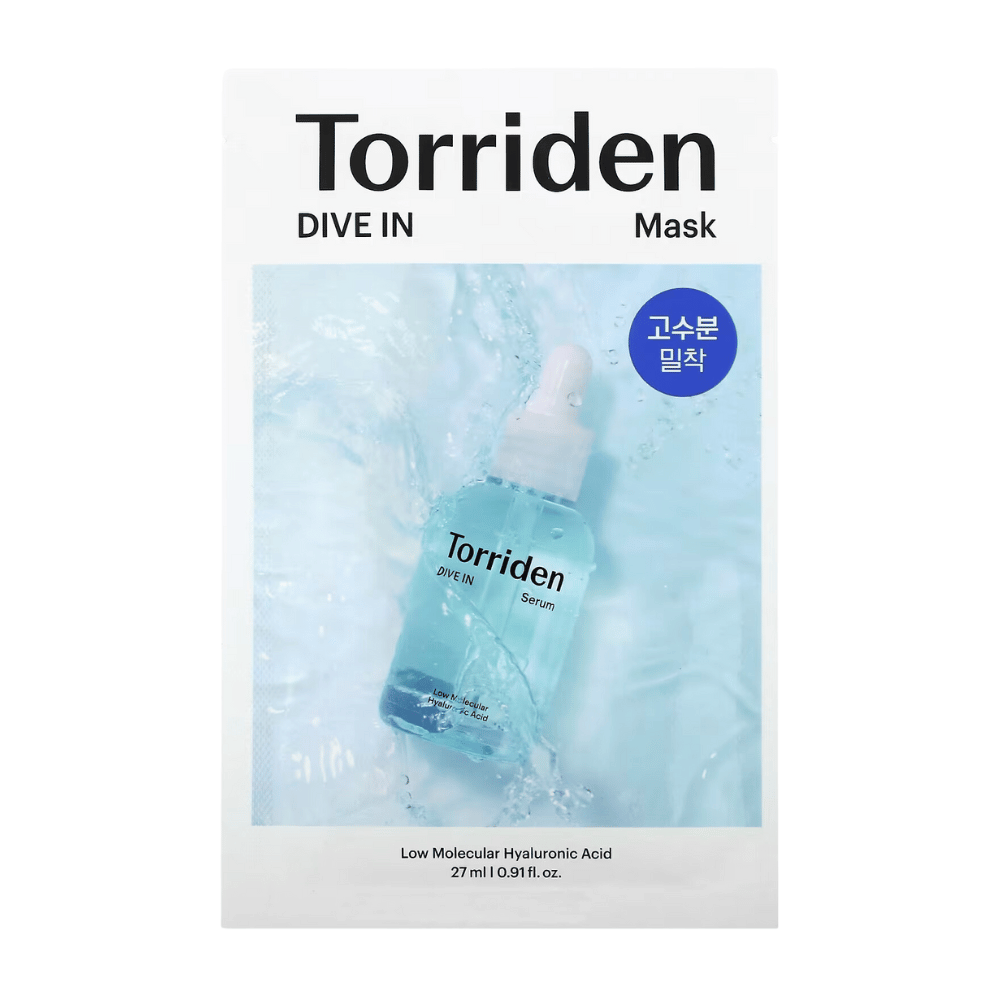 Balenie "Torriden Dive In Mask" s kyselinou hyalurónovou, vodné pozadie.