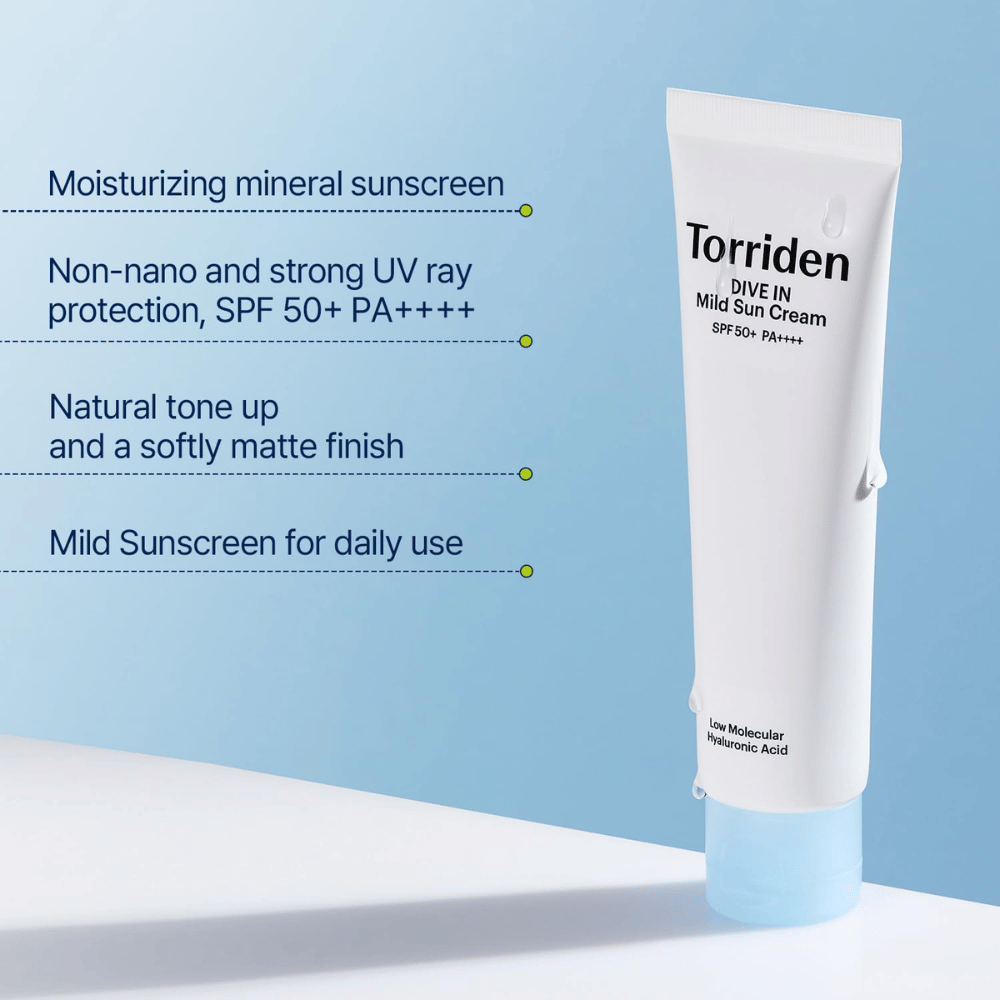 Tuba opaľovacieho krému stojí na svetlomodrom pozadí s textom, ktorý opisuje vlastnosti ako SPF 50+, hydratácia a každodenné použitie.