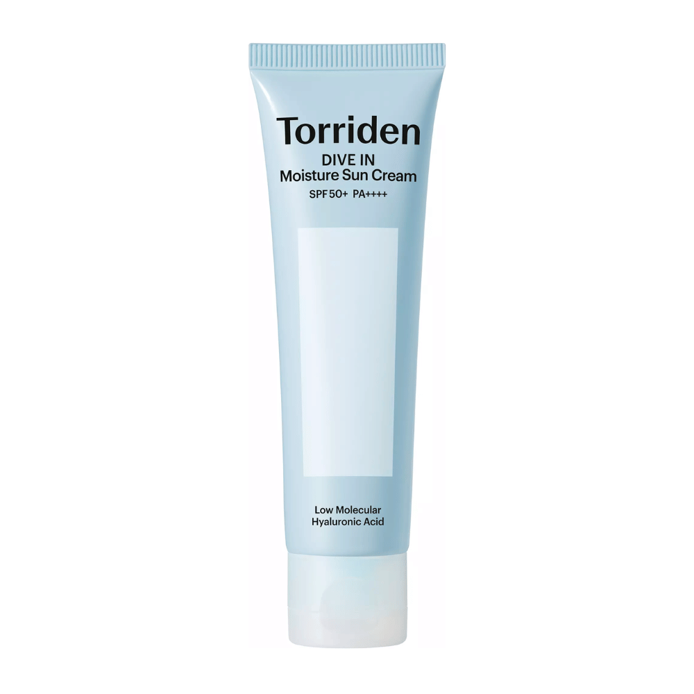 Torriden DIVE-IN Moisture Sun Cream SPF50+ PA++++ obrázok produktu na bielom pozadí s nízkomolekulárnou kyselinou hyalurónovou pre intenzívnu hydratáciu a UV ochranu.