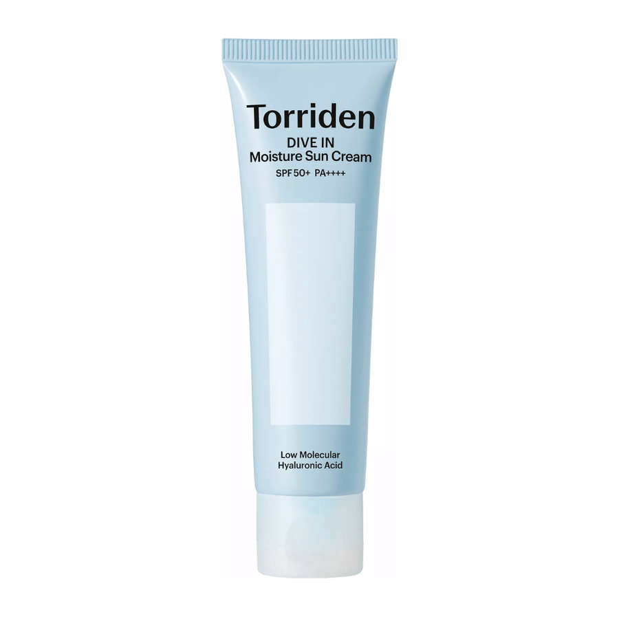 Torriden DIVE-IN Moisture Sun Cream SPF50+ PA++++ obrázok produktu na bielom pozadí s nízkomolekulárnou kyselinou hyalurónovou pre intenzívnu hydratáciu a UV ochranu.