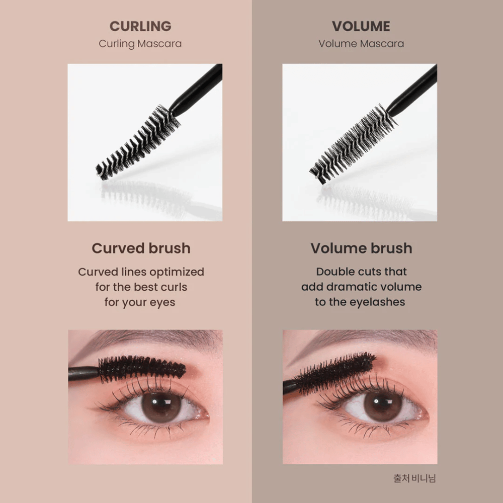 Porovnanie medzi Heimish Dailism Smudge Stop Mascara Curling a Volume, ktoré ukazuje rozdiel medzi natočenými riasami a intenzívnym objemom.