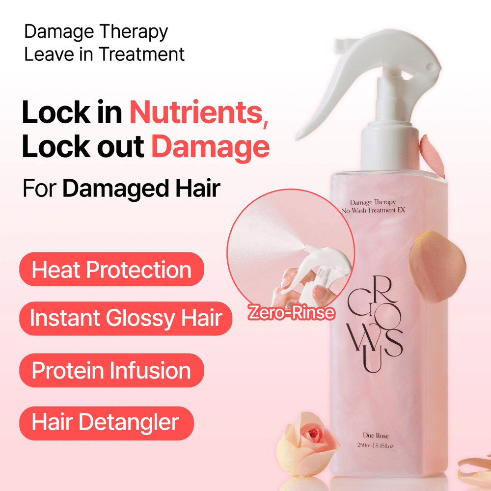 Propagačný obrázok pre GROWUS Damage Therapy No-Wash Treatment EX so zameraním na tepelnú ochranu, lesk, proteínovú starostlivosť a rozčesávací účinok pre poškodené a suché vlasy.
