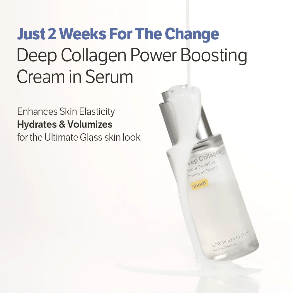Sungboon Editor Deep Collagen Power Boosting Cream in Serum pokrytý tečúcim krémom. Produkt, ktorý hydratuje, posilňuje elasticitu a poskytuje sklenenú pleť.