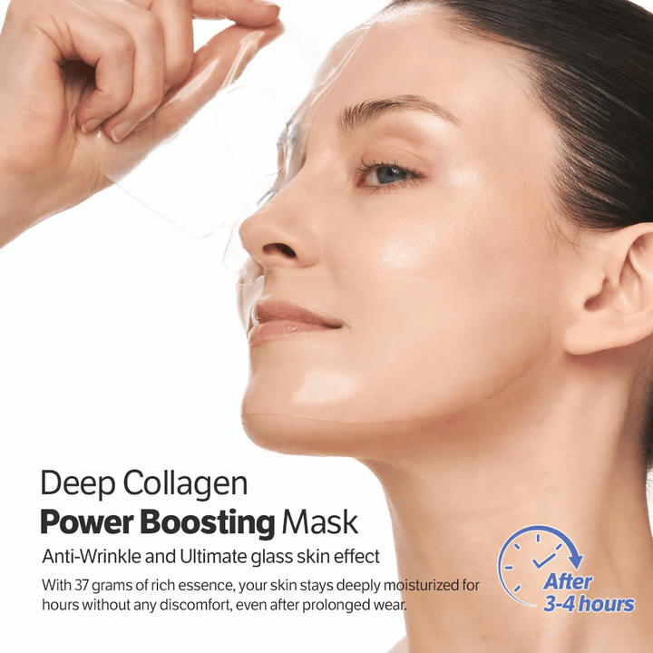 Žena aplikuje Sungboon Editor Deep Collagen Power Boosting Mask, anti-age plátenkovú masku, ktorá poskytuje hydratáciu a sklovitú pleť.