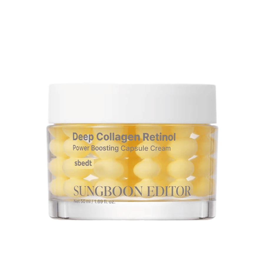 Sungboon Editor Deep Collagen Retinol Capsule Cream v sklenenej nádobe so žltými kapsulami. Silný krém proti starnutiu s retinolom a kolagénom.