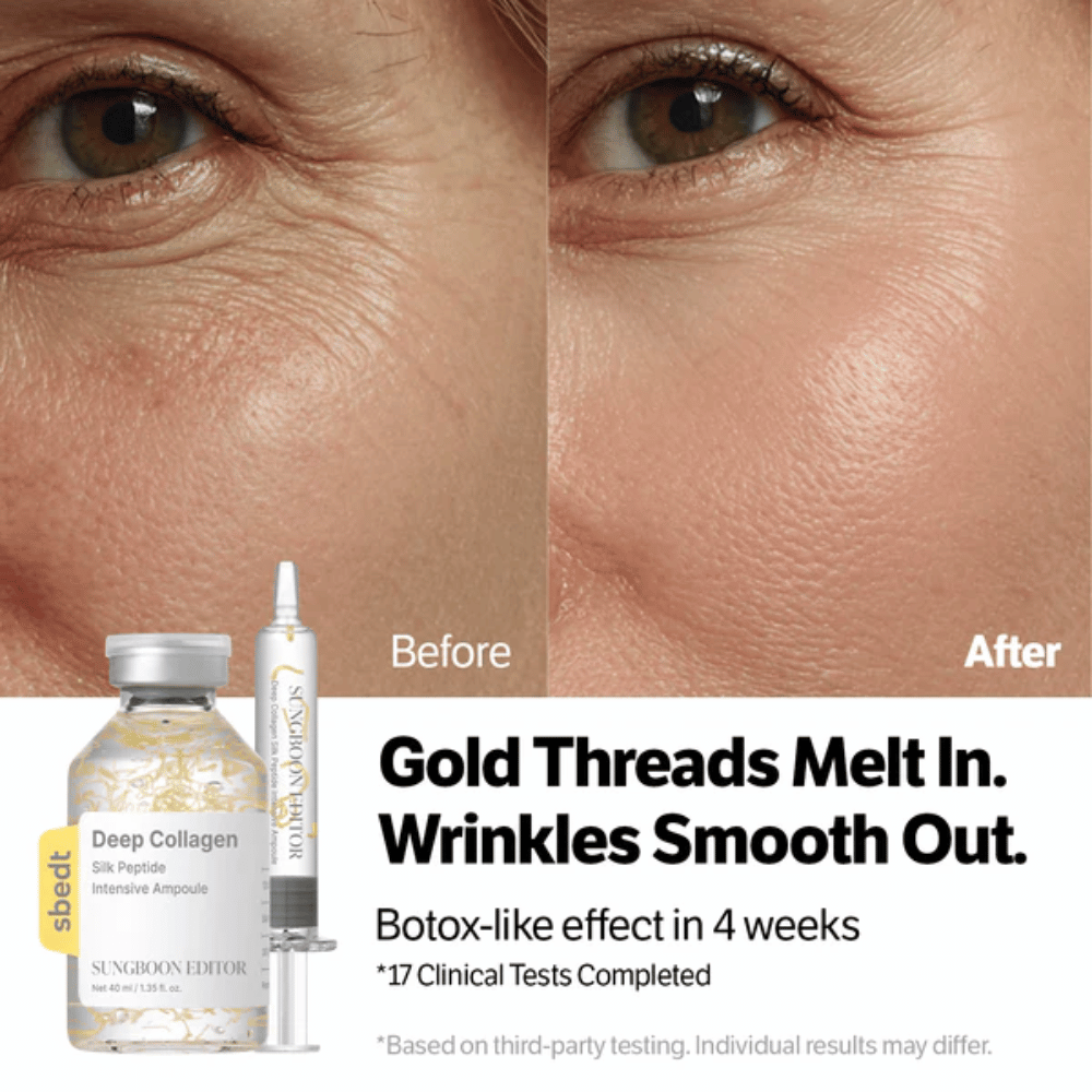 SUNGBOON EDITOR Deep Collagen Silk Peptide Intensive Ampoule – sérum s peptidmi, ktoré pomáhajú znižovať vrásky a zlepšovať elasticitu pokožky pre hladší výsledok.