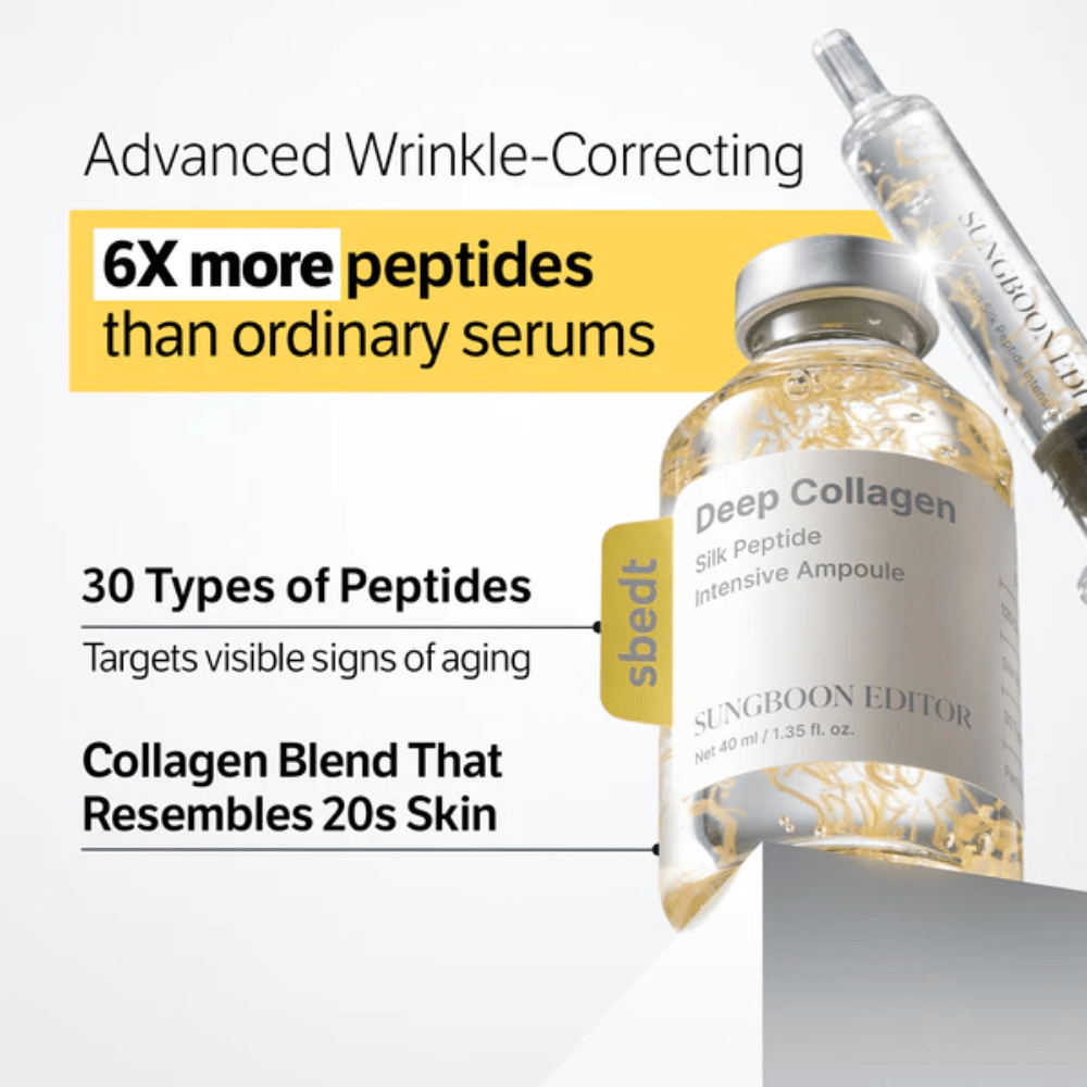 SUNGBOON EDITOR Deep Collagen Silk Peptide Intensive Ampoule – pokročilé sérum s kolagénom a peptidmi, ktoré pomáha zlepšovať pevnosť pokožky a znižovať viditeľné známky starnutia.