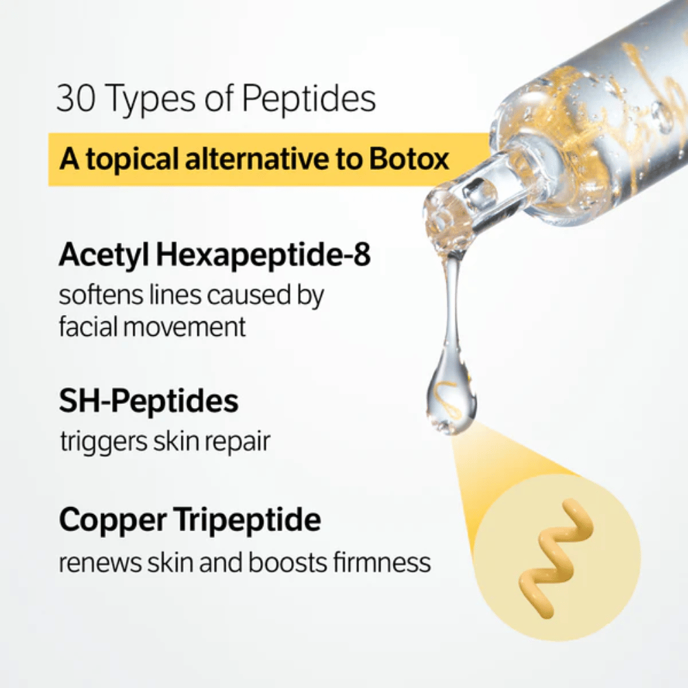 SUNGBOON EDITOR Deep Collagen Silk Peptide Intensive Ampoule s 30 typmi peptidov, ktoré pomáhajú redukovať jemné línie, posilňovať pokožku a zlepšovať štruktúru pokožky.