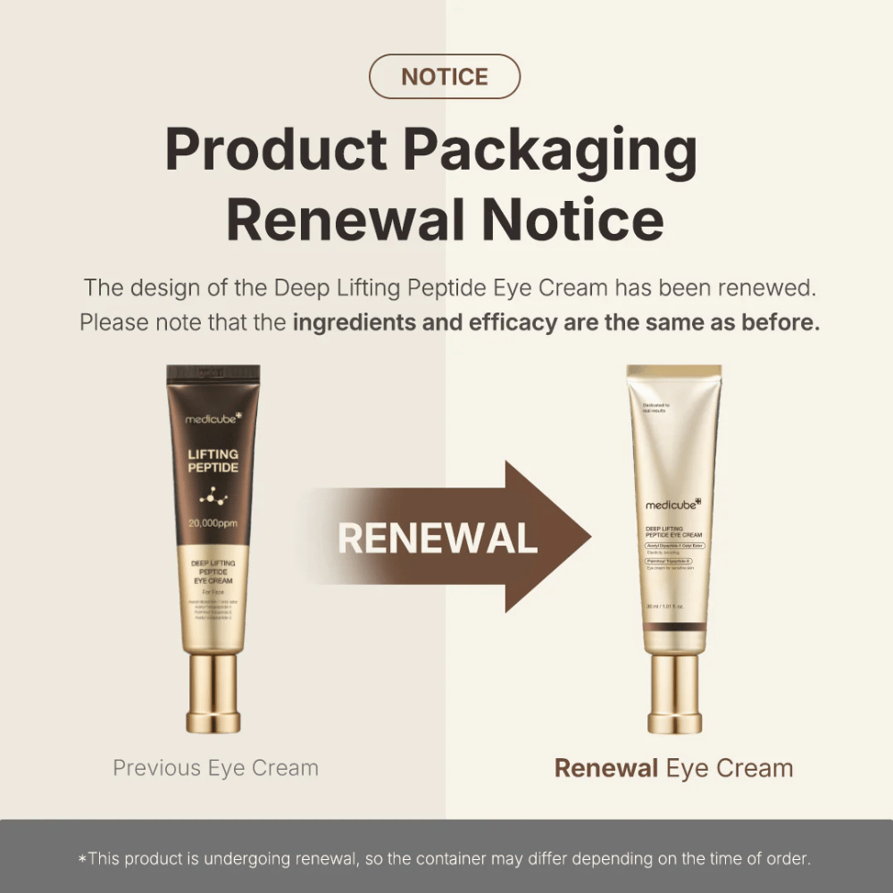 Medicube Deep Lifting Peptide Eye Cream – nové balenie, rovnaká účinná peptidová formula, ktorá zdvíha a spevňuje pokožku okolo očí.