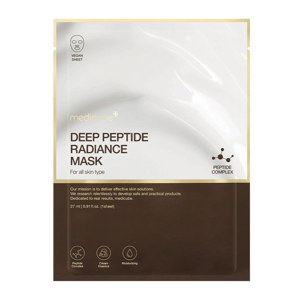 Predná strana Medicube Deep Peptide Radiance Mask, vegánska sheet maska s peptidovým komplexom pre hydratáciu a žiarivosť.
