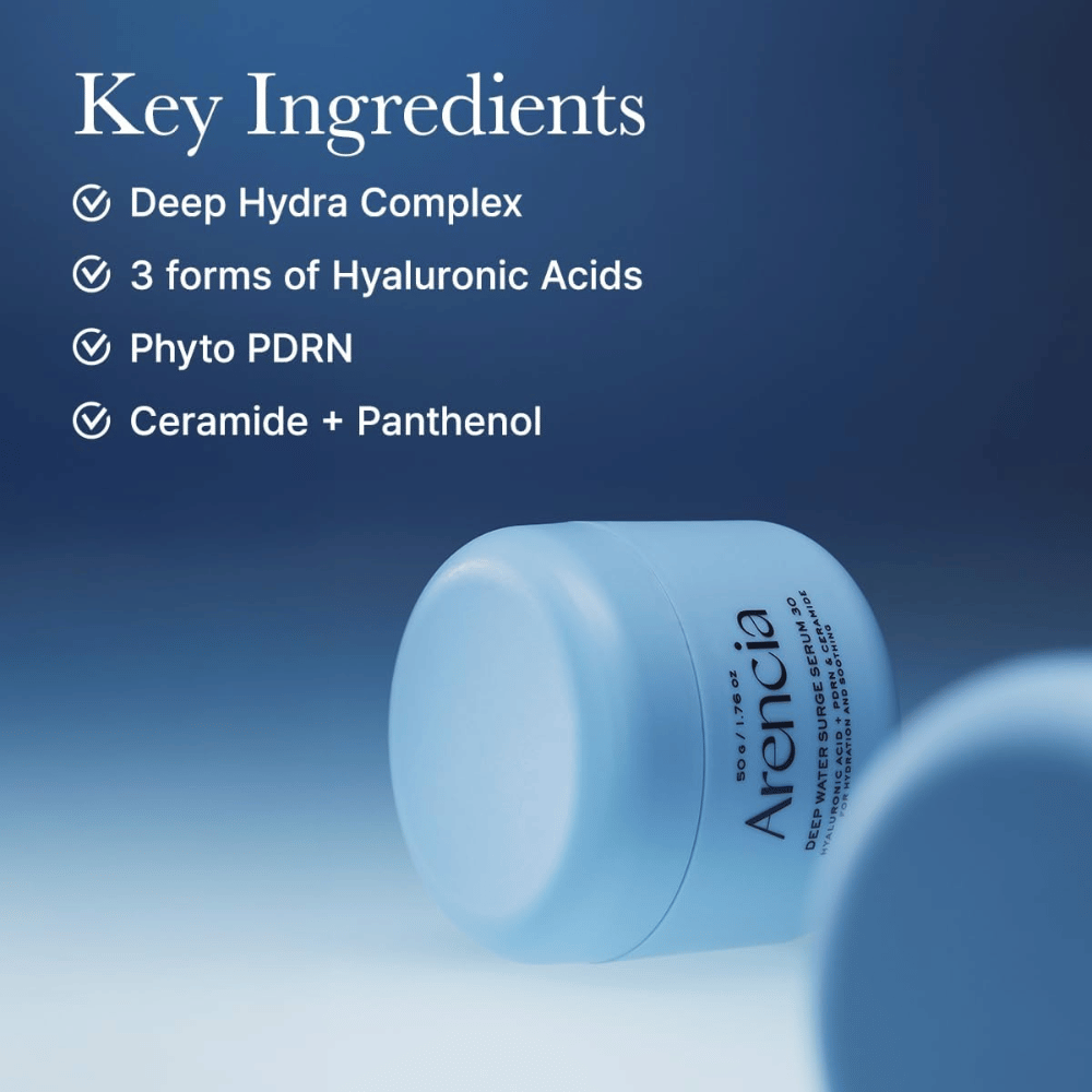 Arencia Deep Water Surge Serum 30 – kľúčové zložky s kyselinou hyalurónovou, Phyto PDRN, ceramidmi a panthenolom