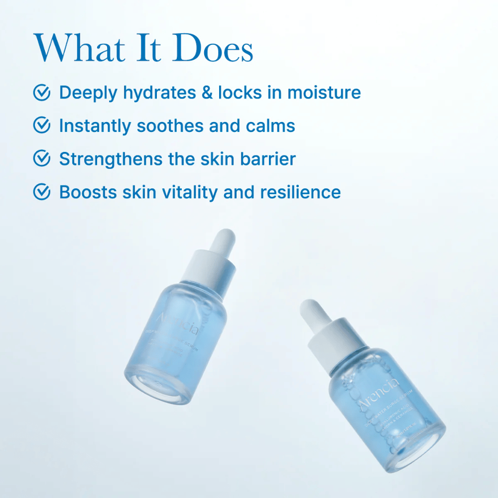 Dve fľaše Arencia Deep Water Surge Serum ktoré zvýrazňujú ľahkú, vodnatú textúru séra pre intenzívnu hydratáciu a vyváženú pokožku.