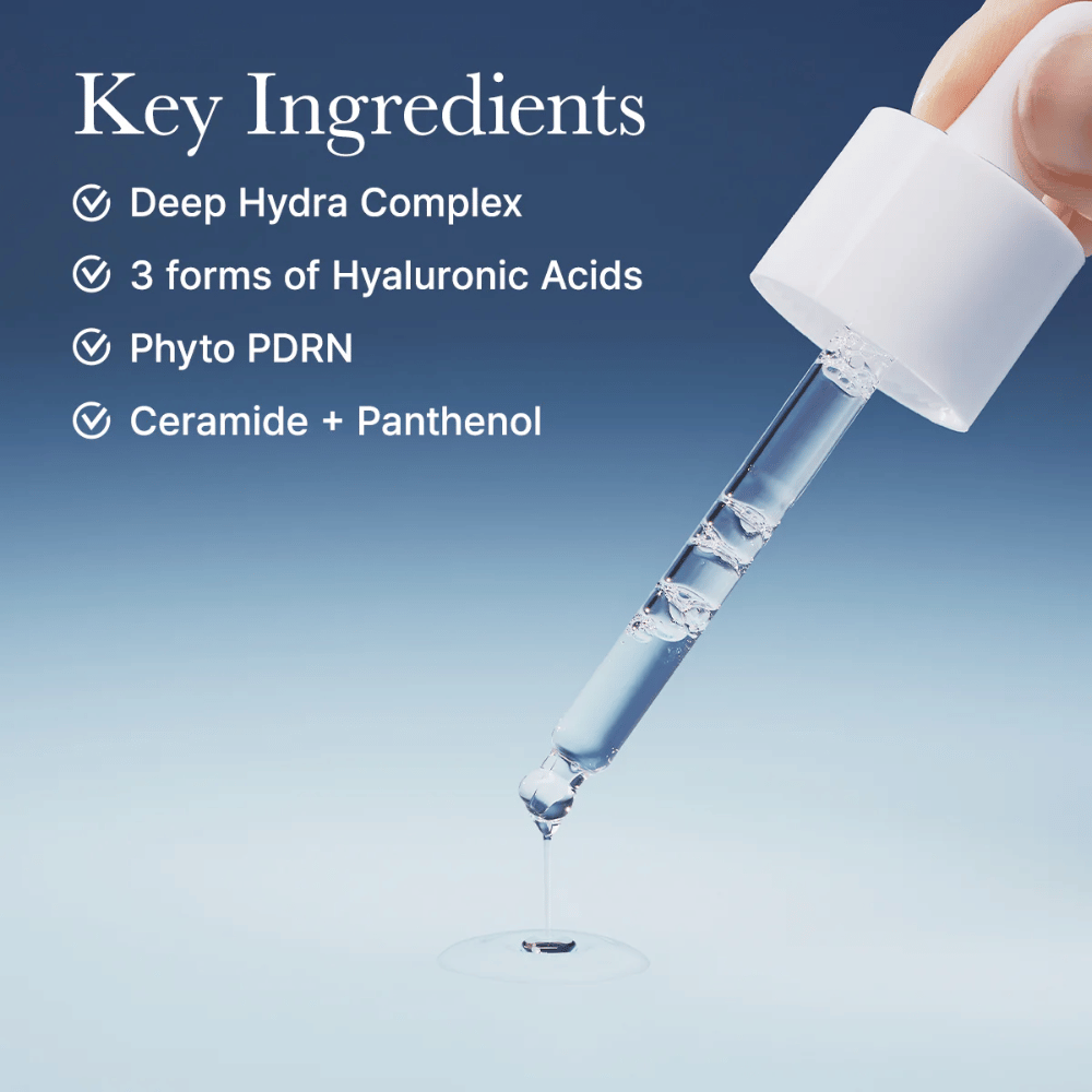 Pipeta so sérom ukazujúca Arencia Deep Water Surge Serums ľahkú konzistenciu a aktívne ingrediencie ako kyselina hyalurónová, fyto PDRN, ceramidy a panthenol.