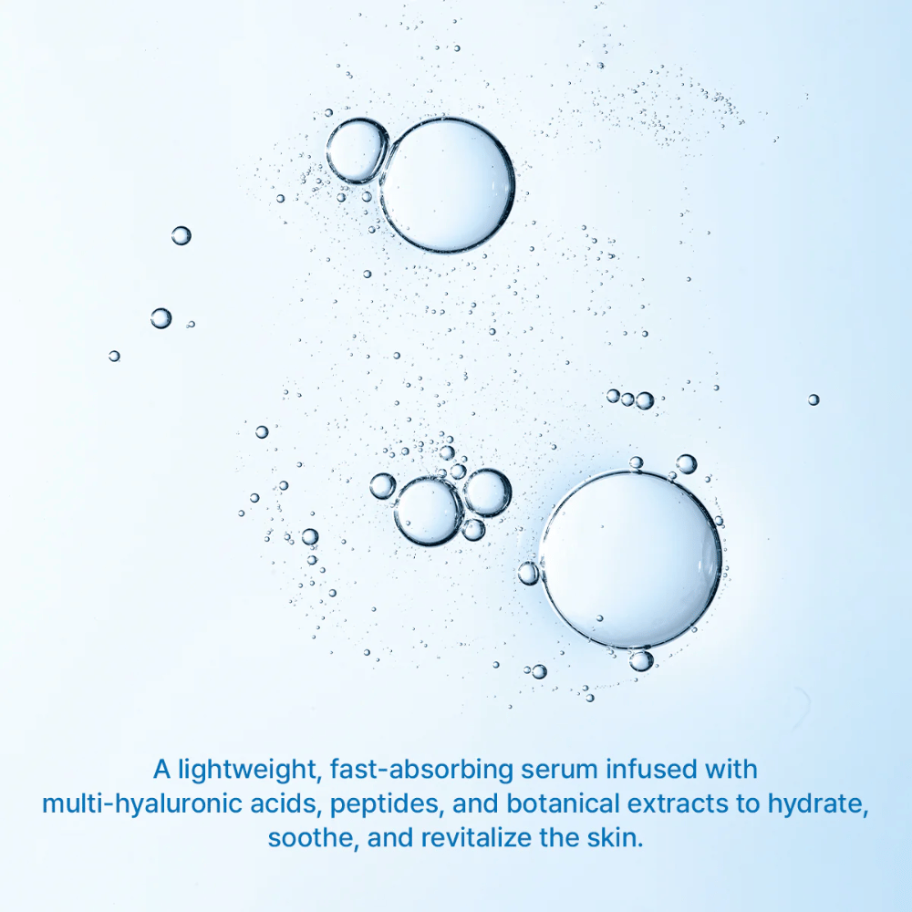 Ilustrácia vodných bublín symbolizujúcich intenzívnu hydratáciu z Arencia Deep Water Surge Serum s multi-hyalurónovou kyselinou a rýchlo vstrebateľnou formulou.