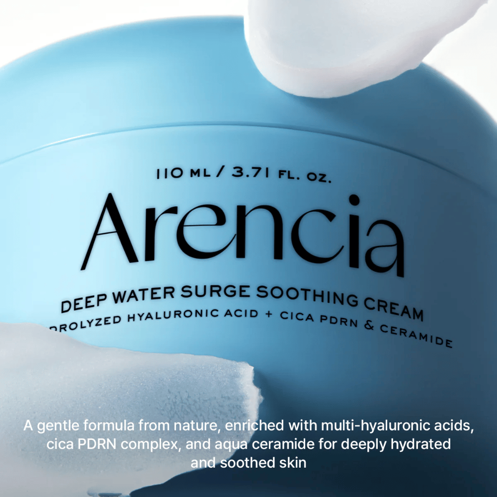 Arencia Deep Water Surge Soothing Cream s kyselinou hyalurónovou, Cica PDRN a ceramidmi – upokojujúci pleťový krém, ktorý hlboko hydratuje a posilňuje kožnú bariéru pre citlivú a suchú pokožku.