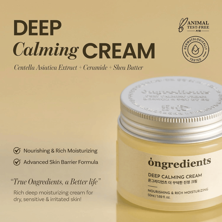 Ongredients Deep Calming Cream – dermatologicky testovaný, cruelty-free pleťový krém pre suchú, citlivú a podráždenú pokožku.