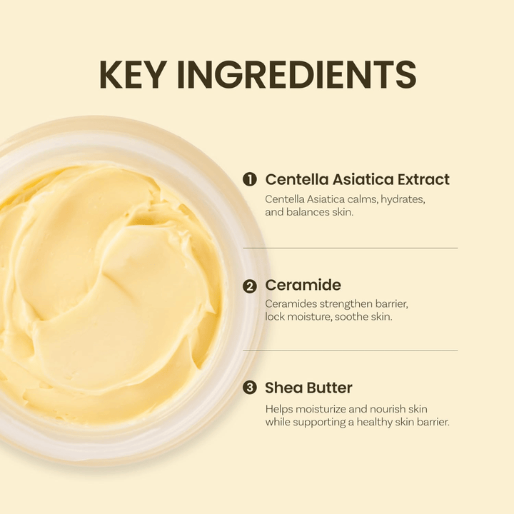 Kľúčové ingrediencie v Ongredients Deep Calming Cream: Centella Asiatica, ceramidy a bambucké maslo, ktoré hydratujú a vyvažujú pokožku.