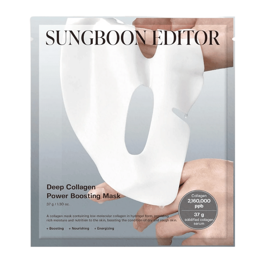 Sungboon Editor Deep Collagen Power Boosting Mask 37 g, kolagénová plátenková maska v striebornom balení, ktorá hydratuje, posilňuje a vyživuje pokožku.