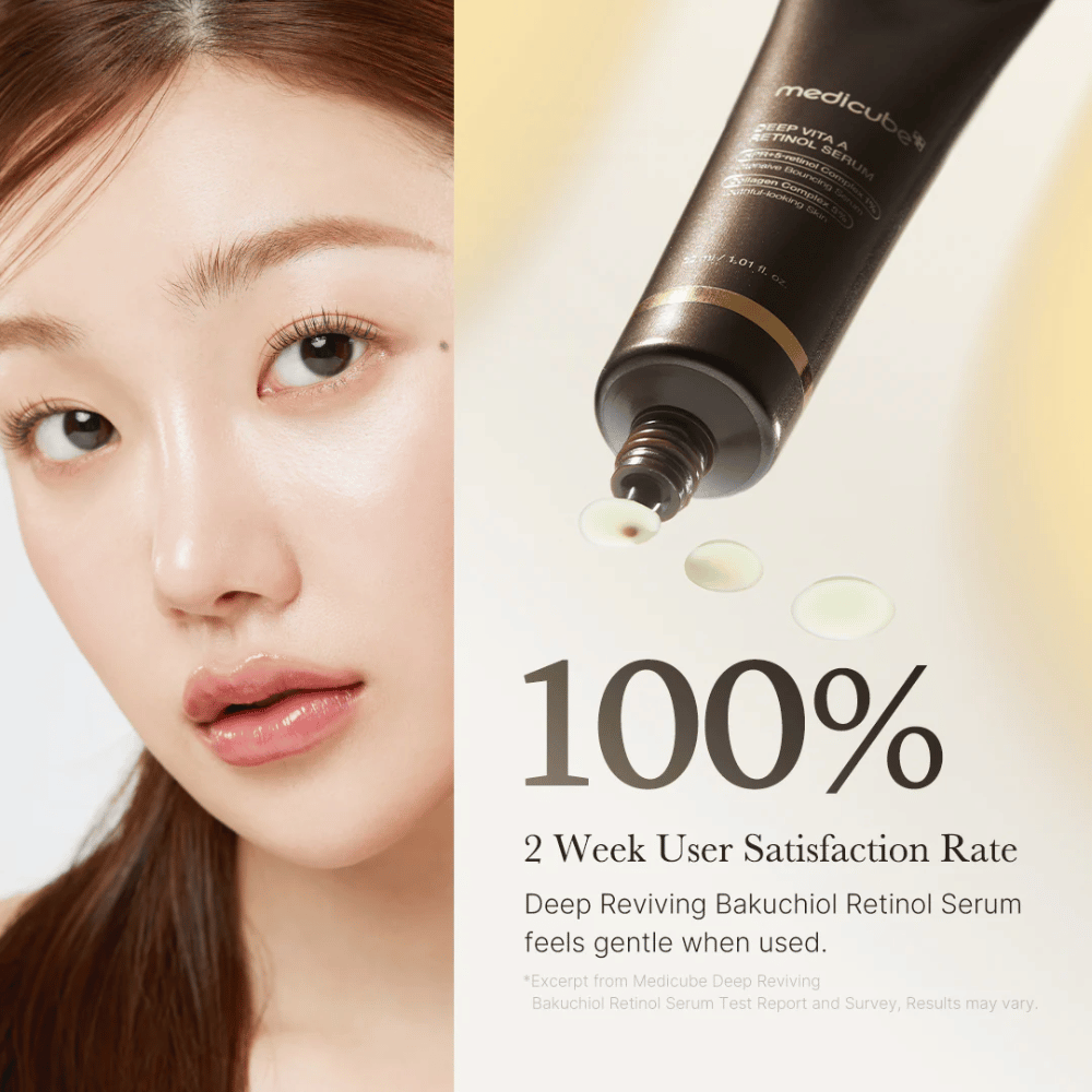 Reklamný obrázok pre Medicube Deep Vita A Retinol Serum s detailným záberom na ženu, tubou produktu a textom, ktorý ukazuje 100% spokojnosť používateľov po dvoch týždňoch.