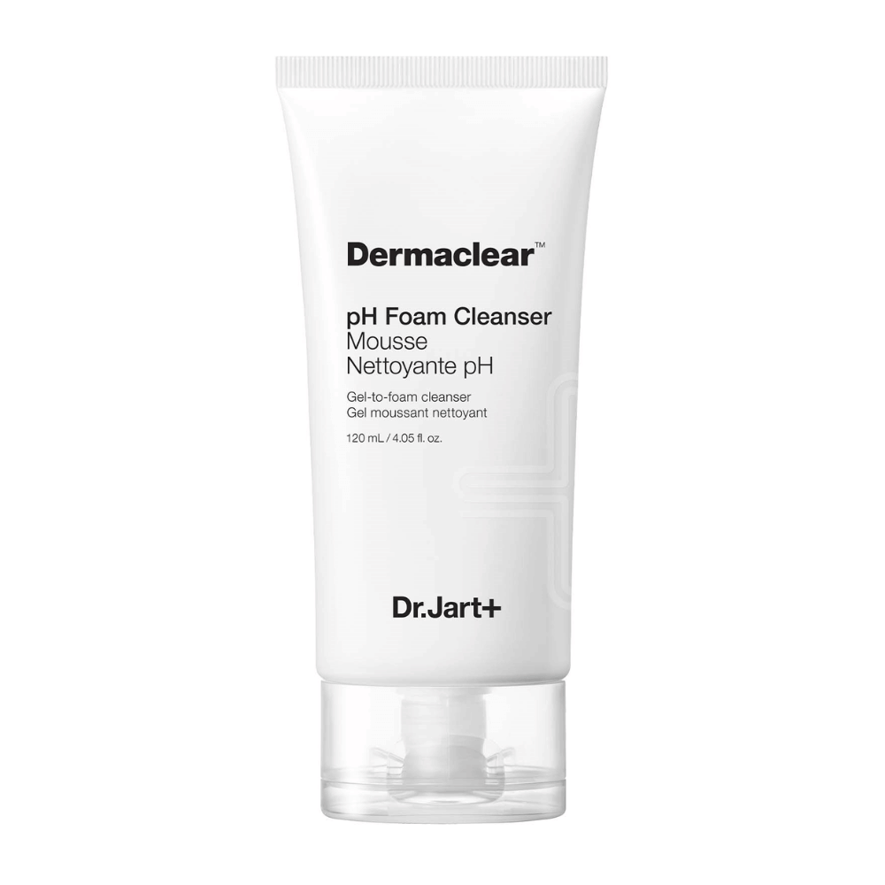 Biela tuba Dr.Jart+ Dermaclear pH Foam Cleanser s čiernym textom, stojaca vzpriamene proti bielemu pozadiu.