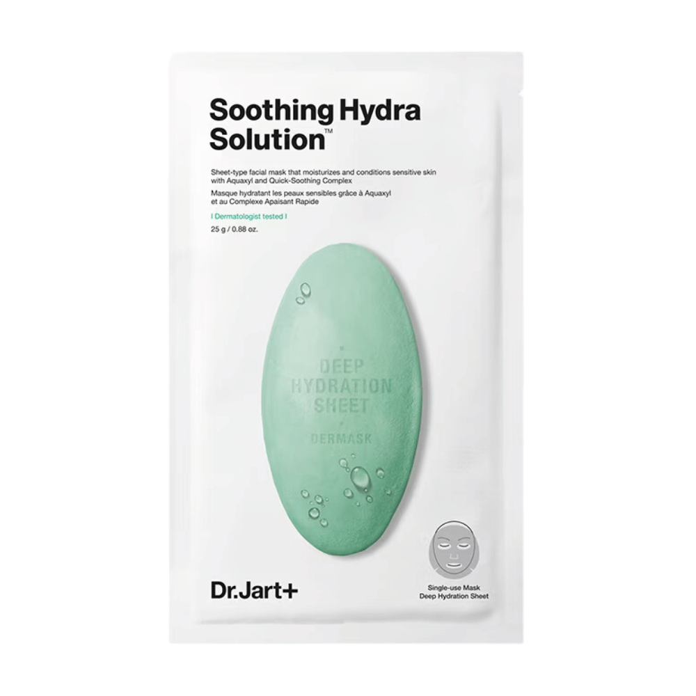 Balenie Dr.Jart+'s "Soothing Hydra Solution" hlboko hydratačnej pleťovej masky, s dizajnom v tvare zelenej kvapky na bielom pozadí. Maska je jednorazový produkt určený na hlbokú hydratáciu.