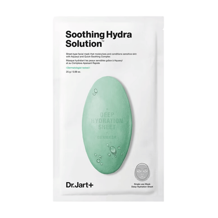 Balenie Dr.Jart+'s "Soothing Hydra Solution" hlboko hydratačnej pleťovej masky, s dizajnom v tvare zelenej kvapky na bielom pozadí. Maska je jednorazový produkt určený na hlbokú hydratáciu.