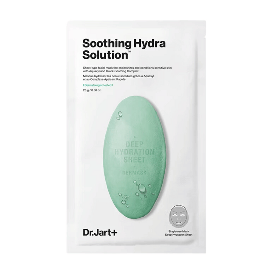 Balenie Dr.Jart+'s "Soothing Hydra Solution" hlboko hydratačnej pleťovej masky, s dizajnom v tvare zelenej kvapky na bielom pozadí. Maska je jednorazový produkt určený na hlbokú hydratáciu.