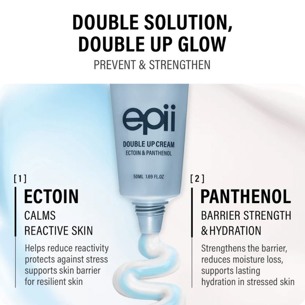 EPII Double Up Cream s ectoinom a panthenolom – hydratačný pleťový krém, ktorý upokojuje pleť, posilňuje kožnú bariéru a poskytuje dlhodobú hydratáciu.