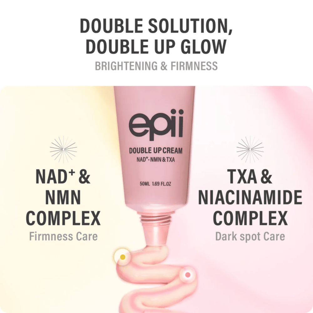 EPII Double Up Cream NAD+, NMN & TXA – pleťový krém s niacínamidom a kyselinou tranexamovou pre jednotný tón pleti, pevnosť a hydratáciu.