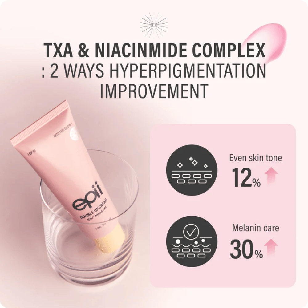 EPII Double Up Cream s NAD+, NMN, kyselinou tranexamovou a niacínamidom, ktorý pomáha zjednotiť tón pleti a znížiť viditeľnú pigmentáciu.