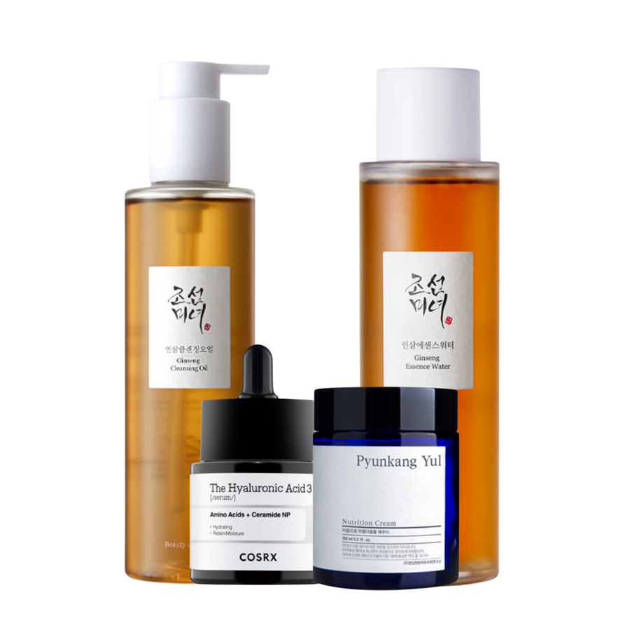 Kozmetické produkty vrátane čistiaceho oleja s ženšenom, ženšenovej esencie, séra s kyselinou hyalurónovou COSRX a vyživujúceho krému Pyunkang Yul.