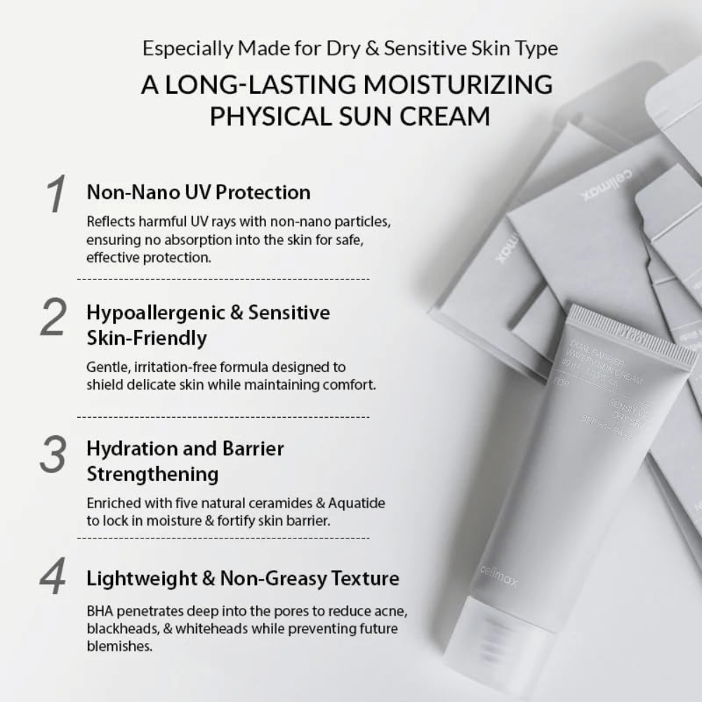 Celimax Dual Barrier Watery Sun Cream SPF50+ PA++++ s fyzikálnym UV filtrom, piatimi ceramidmi a Aquatide, ktorý hydratuje a posilňuje kožnú bariéru.