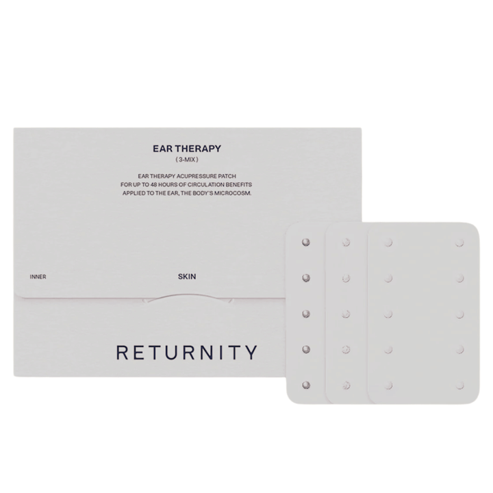 RETURNITY Ear Therapy Acupressure Patch 30pcs (3-Mix) s balením a tromi rôznymi typmi akupresúrnych náplastí. Súprava obsahuje viacero variantov pre prispôsobenú ušnú akupresúru a každodenné používanie.