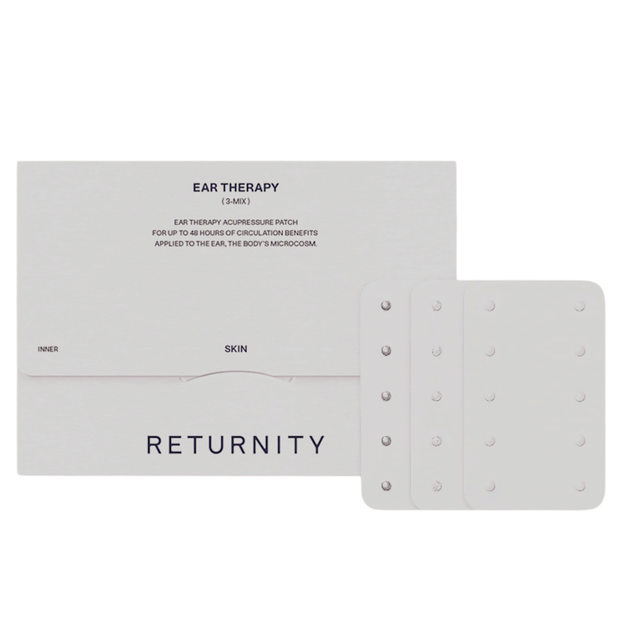RETURNITY Ear Therapy Acupressure Patch 30pcs (3-Mix) s balením a tromi rôznymi typmi akupresúrnych náplastí. Súprava obsahuje viacero variantov pre prispôsobenú ušnú akupresúru a každodenné používanie.