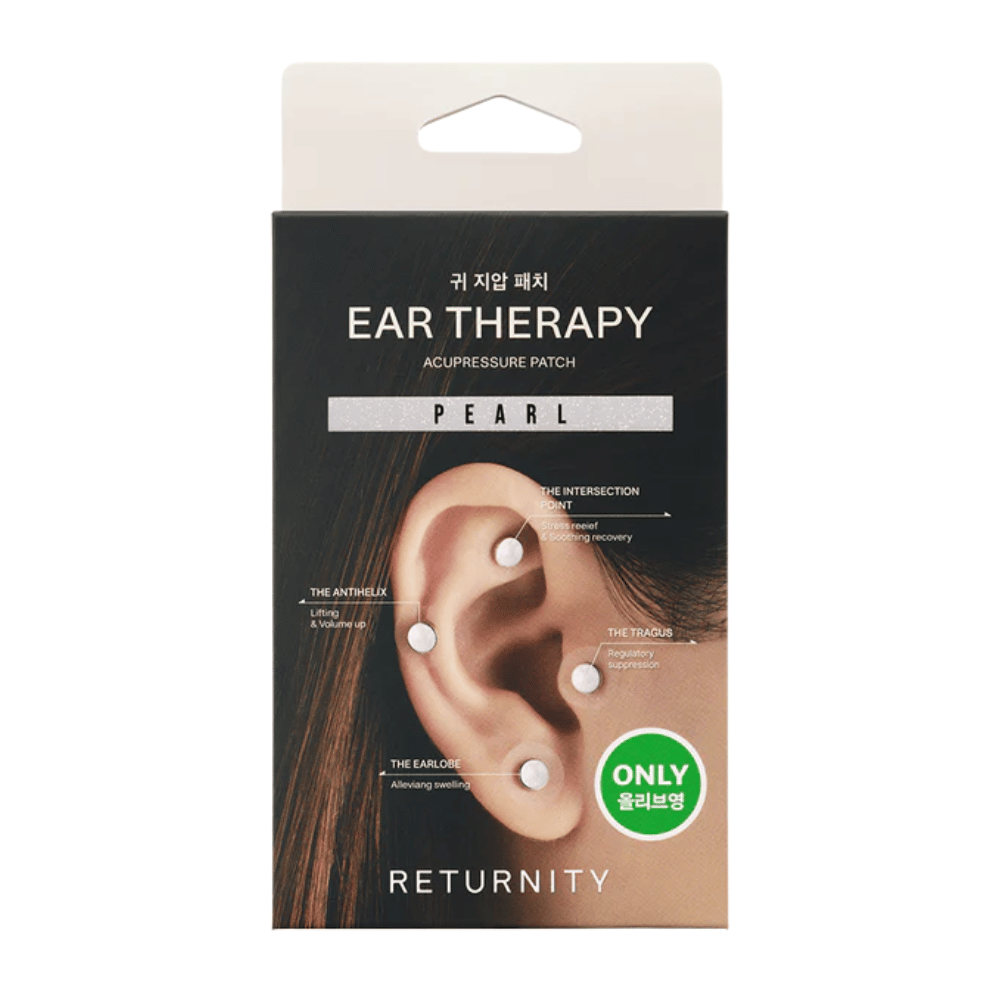 Balenie RETURNITY Ear Therapy Acupressure Patch Pearl s ilustráciou ušných náplastí umiestnených na rôznych tlakových bodoch na uchu.