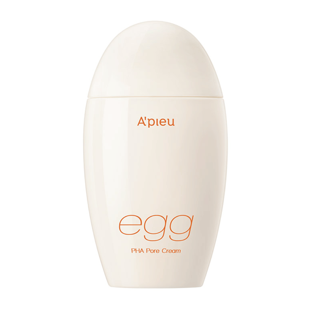 A'pieu Egg PHA Pore Cream v balení v tvare vajíčka, béžovej farby s oranžovým textom – kórejský krém na tvár na zmenšenie pórov a jemnú exfoliáciu.