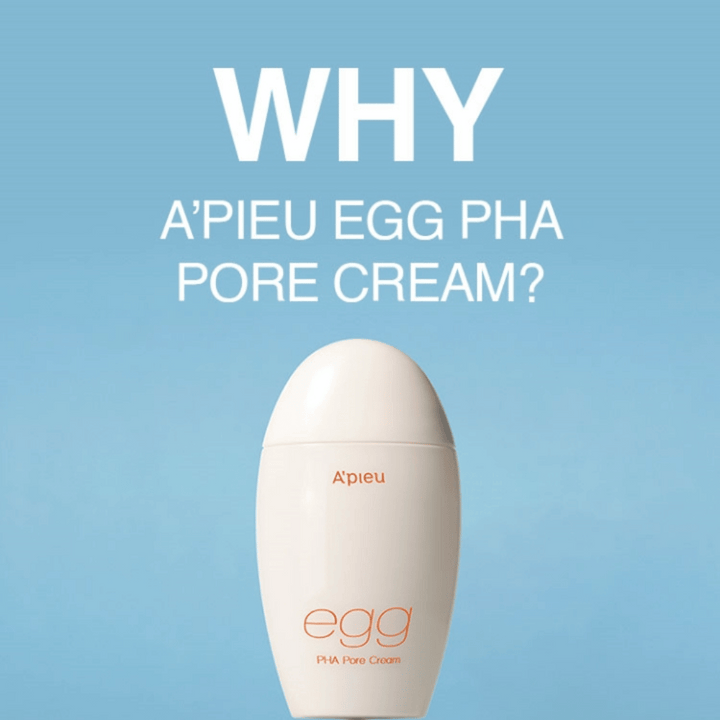 A'pieu Egg PHA Pore Cream v balení v tvare vajíčka na modrom pozadí s textom "WHY A'PIEU EGG PHA PORE CREAM?", čo zvýrazňuje výhody produktu.